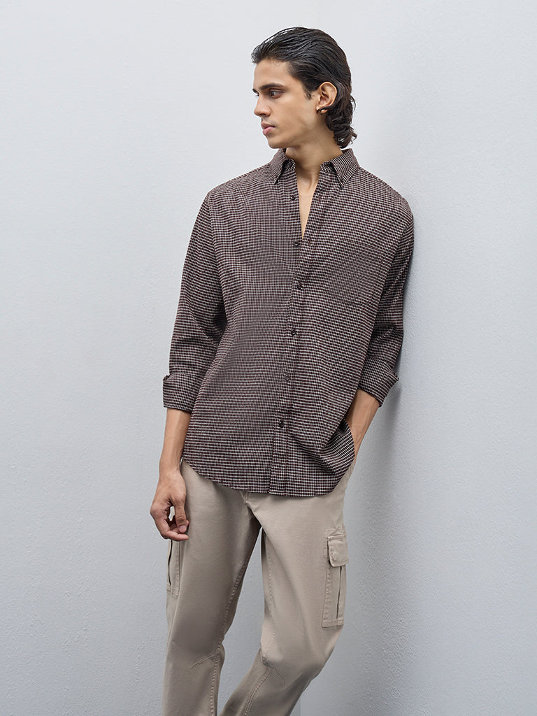 WES Casuals Brown Pin Checks Relaxed-Fit Cotton-Blend Shirt