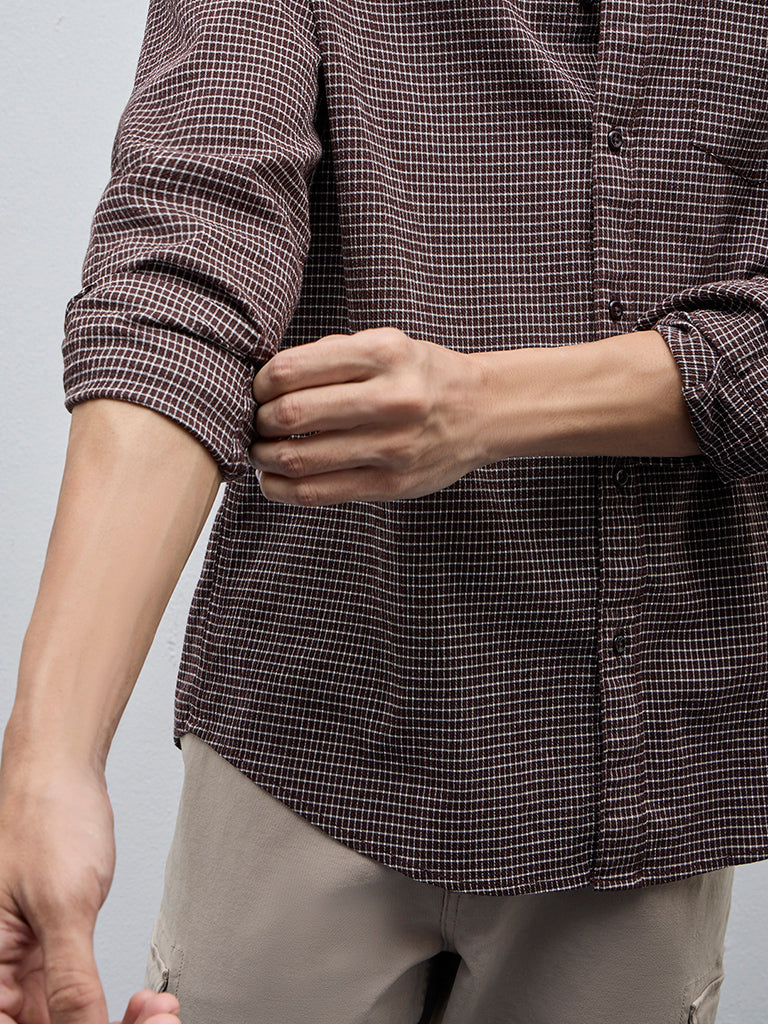 WES Casuals Brown Pin Checks Relaxed-Fit Cotton-Blend Shirt