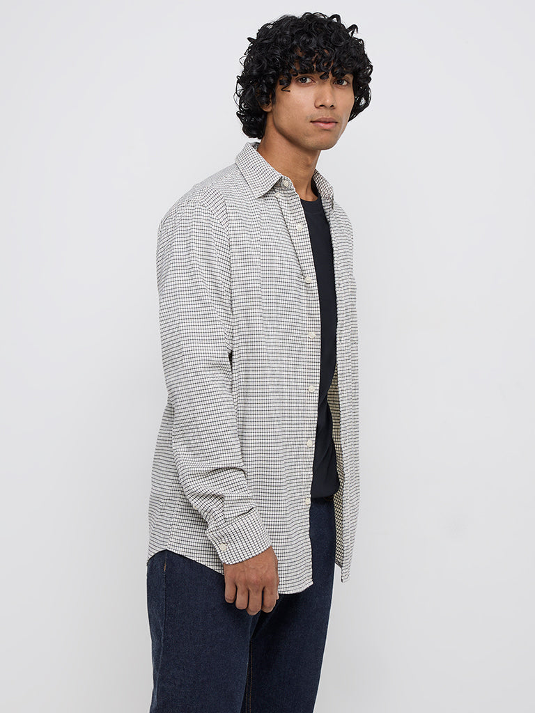 WES Casuals Off-White Checkered Relaxed-Fit Cotton Blend Shirt