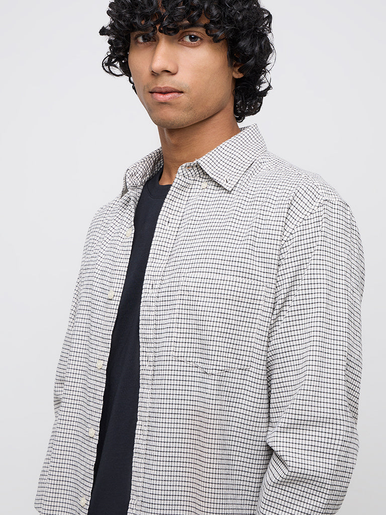 WES Casuals Off-White Checkered Relaxed-Fit Cotton Blend Shirt