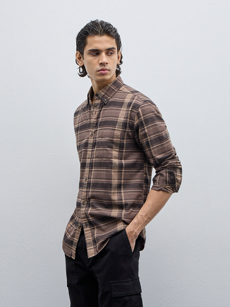 WES Casuals Brown Checkered Relaxed-Fit Shirt