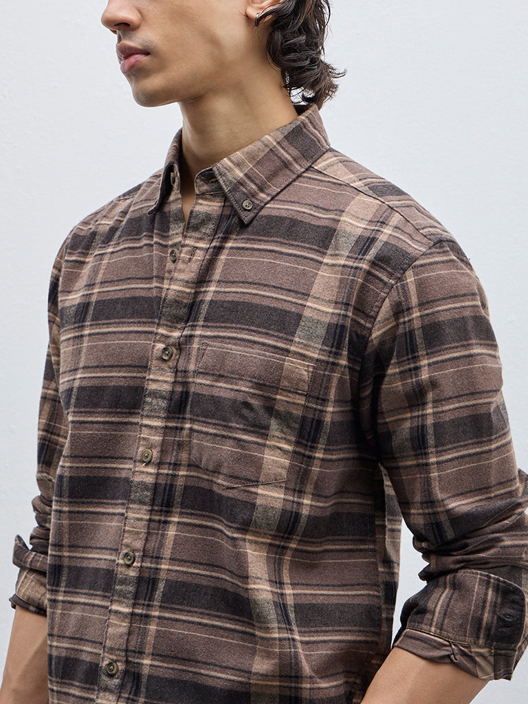 WES Casuals Brown Checkered Relaxed-Fit Shirt