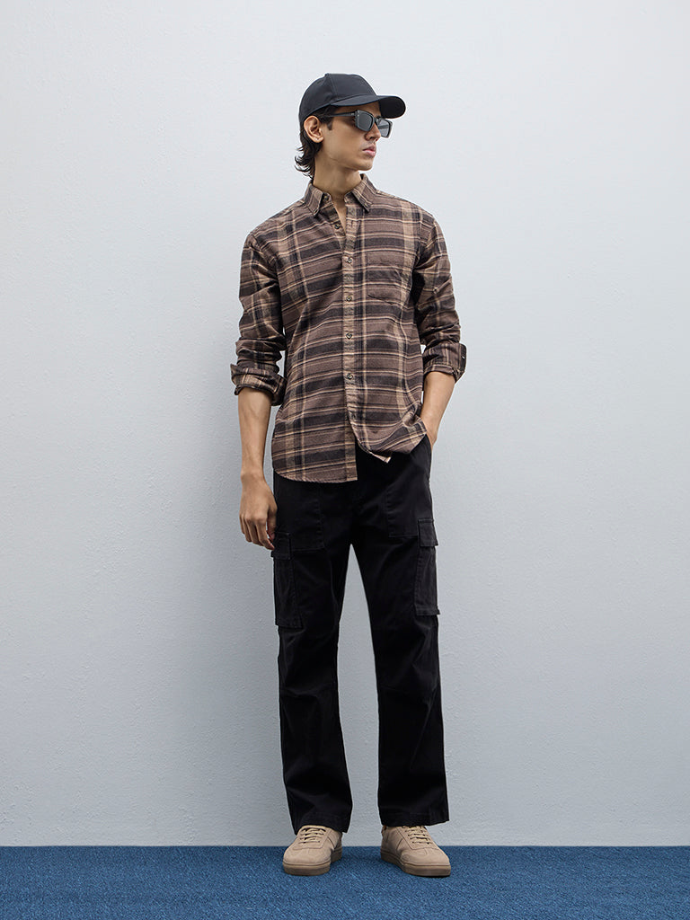 WES Casuals Brown Checkered Relaxed-Fit Shirt