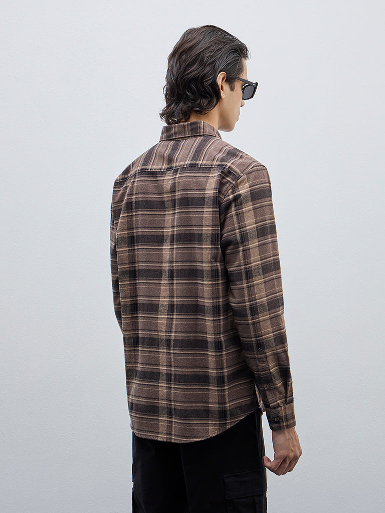 WES Casuals Brown Checkered Relaxed-Fit Shirt