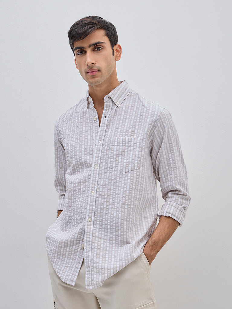 WES Casuals Beige Seersucker Striped Relaxed-Fit Cotton Shirt