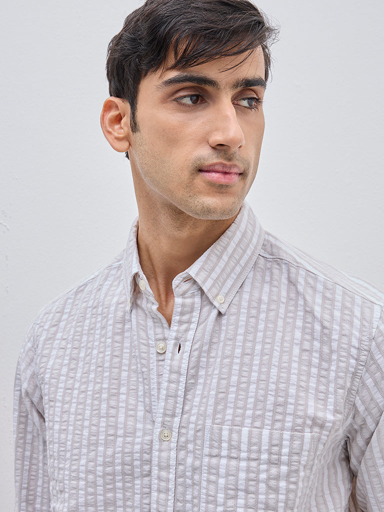 WES Casuals Beige Seersucker Striped Relaxed-Fit Cotton Shirt