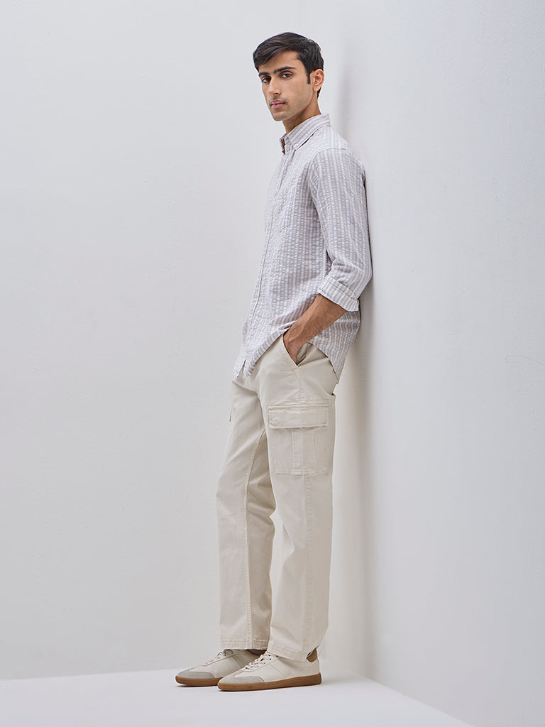 WES Casuals Beige Seersucker Striped Relaxed-Fit Cotton Shirt