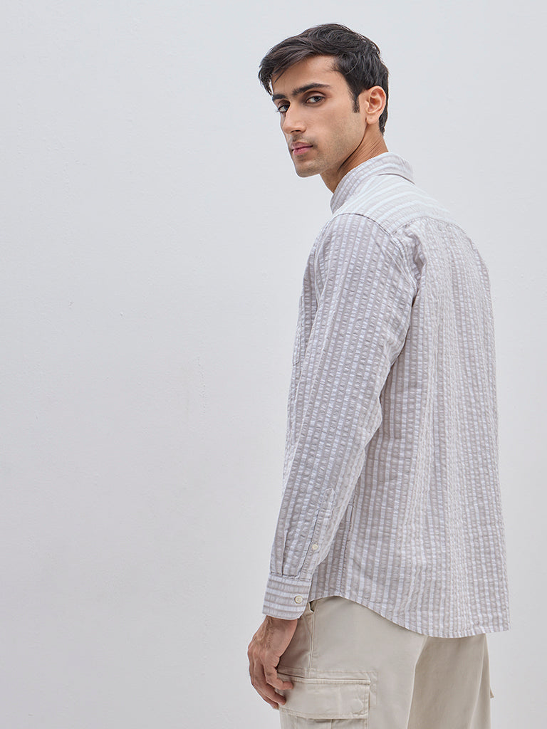 WES Casuals Beige Seersucker Striped Relaxed-Fit Cotton Shirt