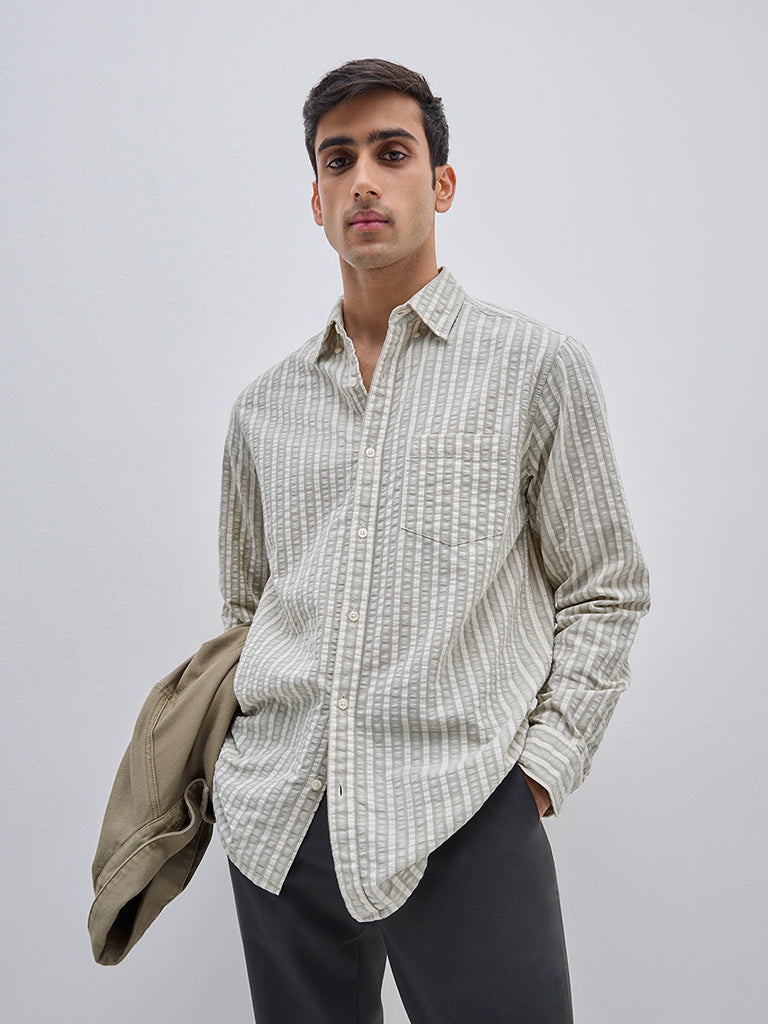 WES Casuals Sage Seersucker Striped Relaxed-Fit Cotton Shirt