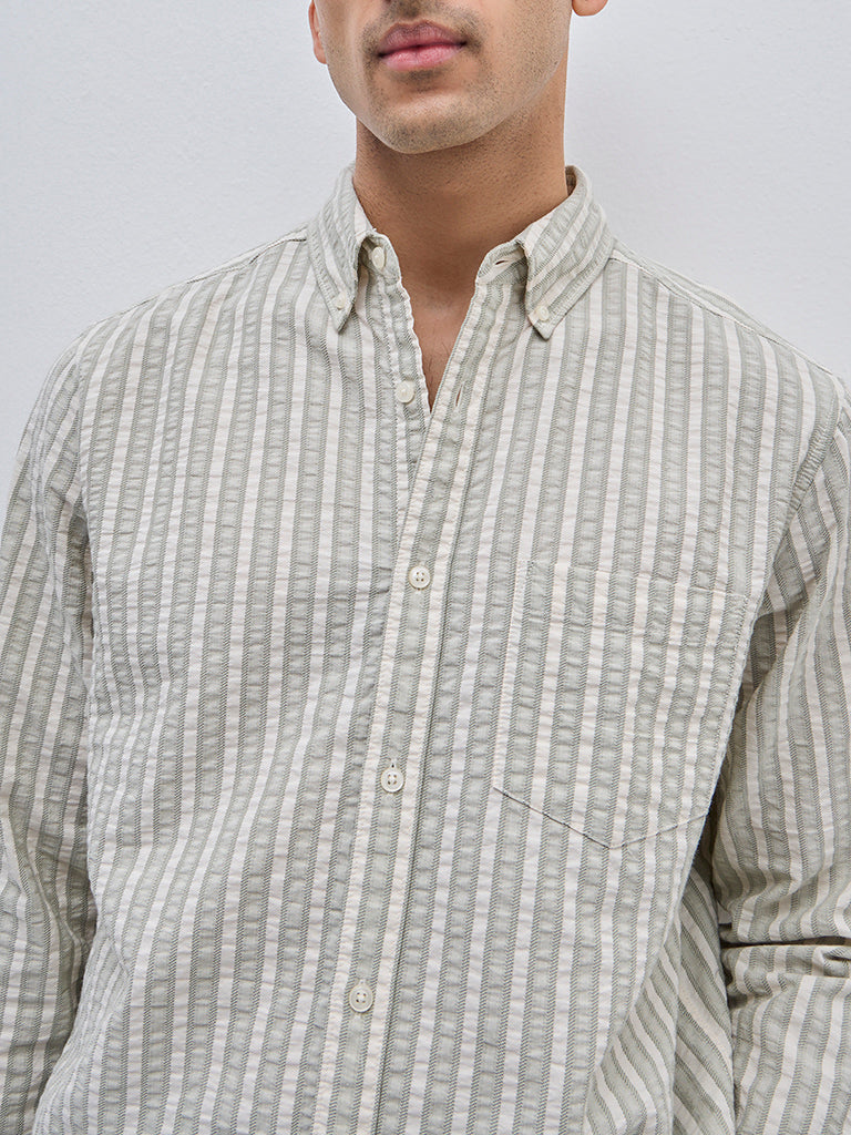 WES Casuals Sage Seersucker Striped Relaxed-Fit Cotton Shirt