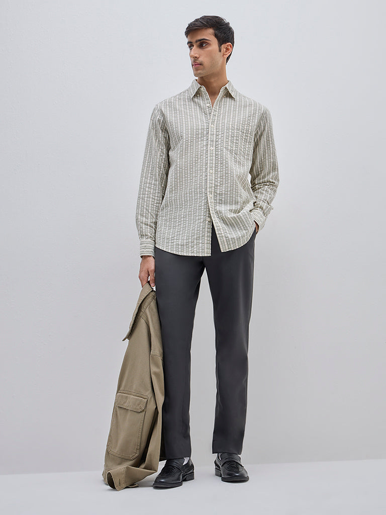 WES Casuals Sage Seersucker Striped Relaxed-Fit Cotton Shirt