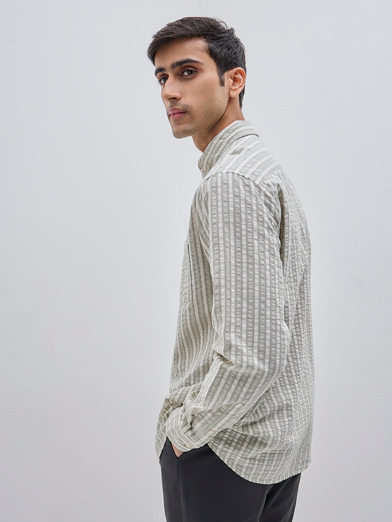 WES Casuals Sage Seersucker Striped Relaxed-Fit Cotton Shirt