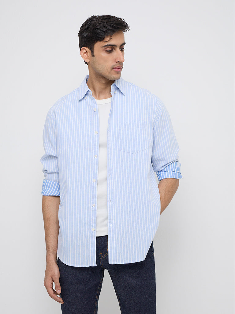 WES Casuals Blue Stripe Printed Relaxed-Fit Cotton Shirt