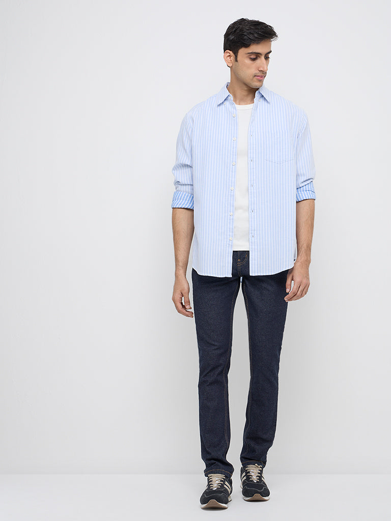 WES Casuals Blue Stripe Printed Relaxed-Fit Cotton Shirt