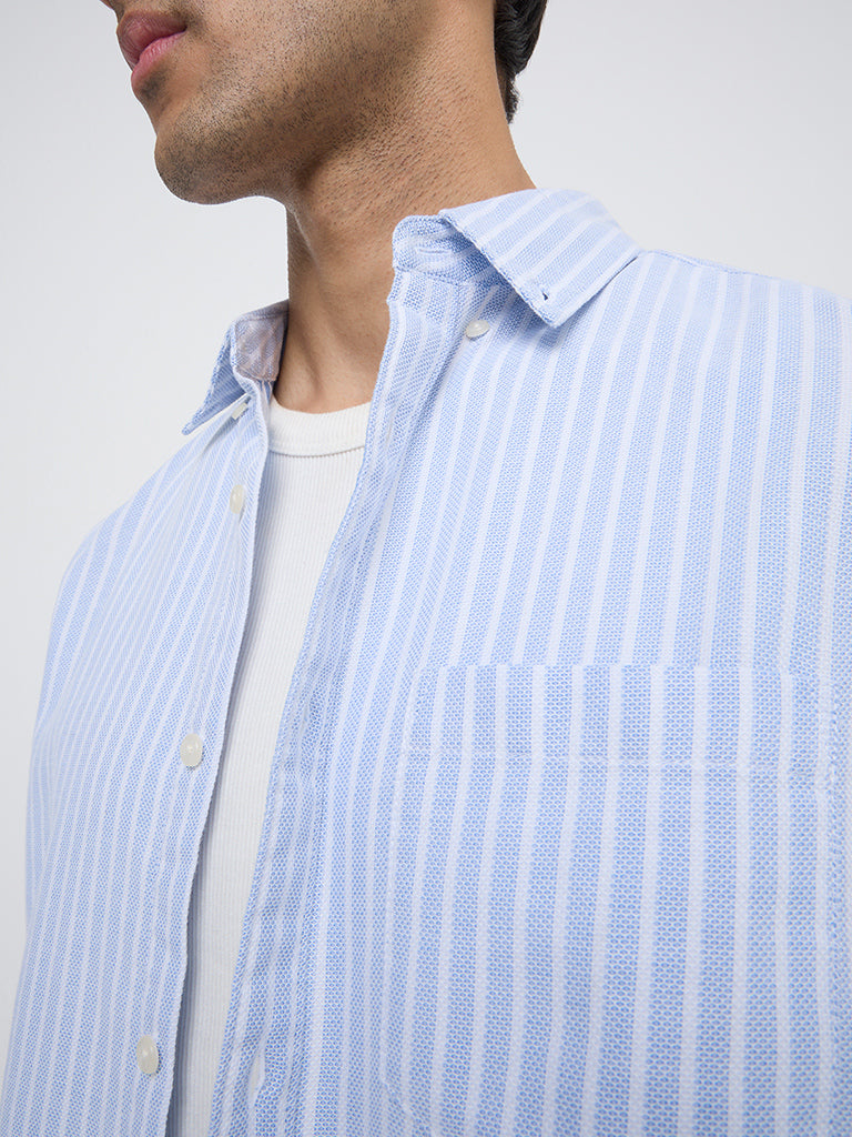 WES Casuals Blue Stripe Printed Relaxed-Fit Cotton Shirt