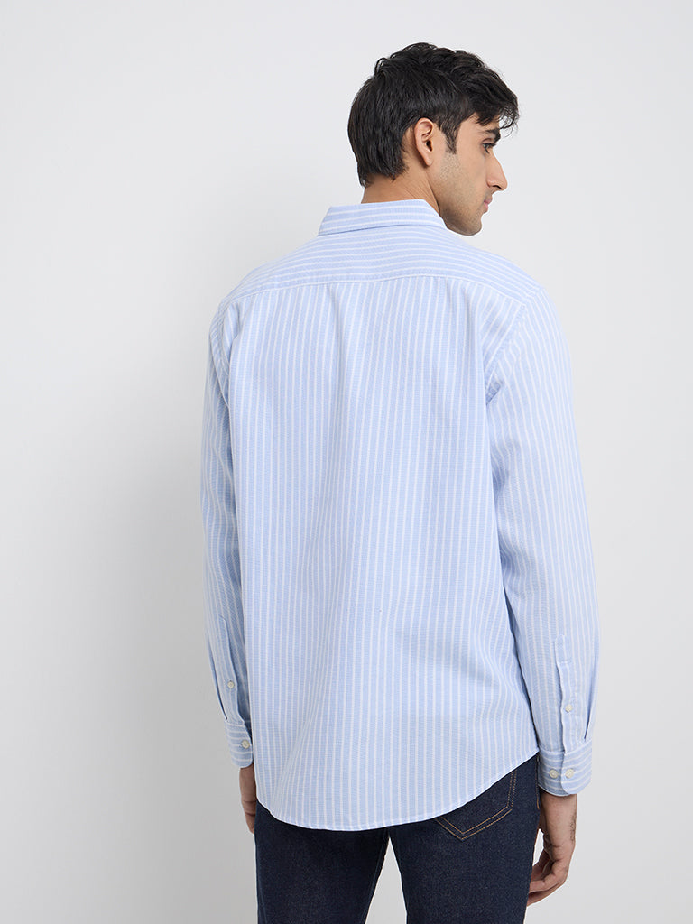 WES Casuals Blue Stripe Printed Relaxed-Fit Cotton Shirt