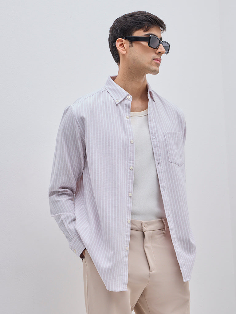 WES Casuals Dusty Pink Striped Relaxed-Fit Cotton Shirt