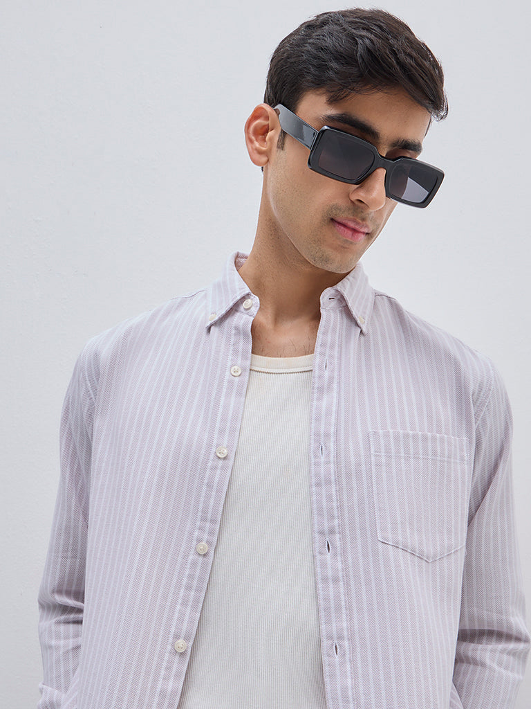 WES Casuals Dusty Pink Striped Relaxed-Fit Cotton Shirt