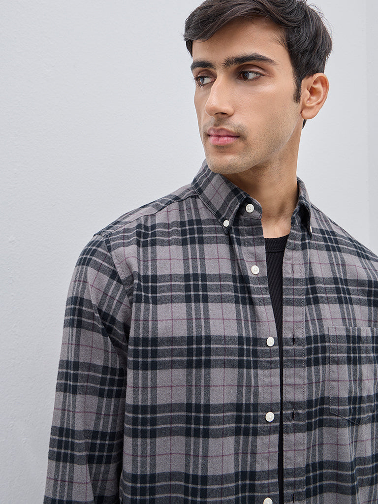 WES Casuals Grey Checkered Relaxed-Fit Cotton-Blend Shirt