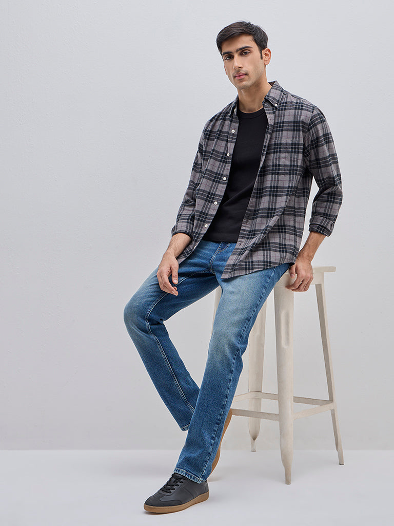 WES Casuals Grey Checkered Relaxed-Fit Cotton-Blend Shirt