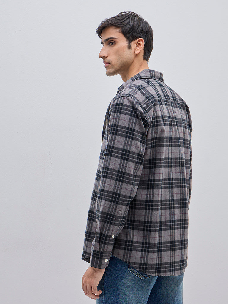 WES Casuals Grey Checkered Relaxed-Fit Cotton-Blend Shirt