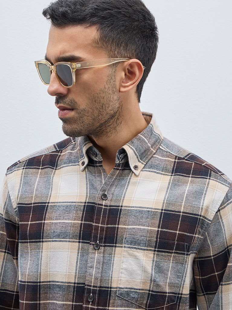 WES Casuals Brown Checkered Relaxed-Fit Cotton Shirt