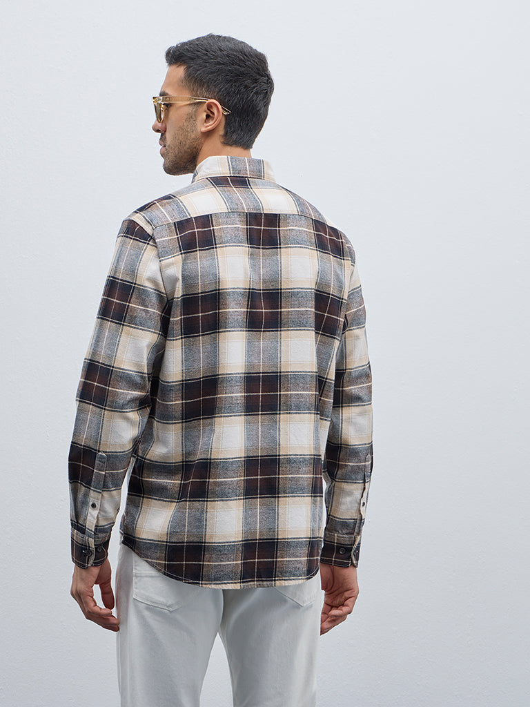 WES Casuals Brown Checkered Relaxed-Fit Cotton Shirt