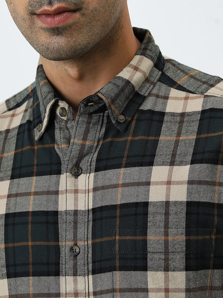 WES Casuals Green Checkered Relaxed-Fit Cotton Shirt