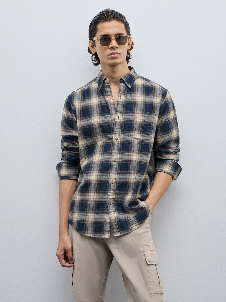 WES Casuals Navy Checkered Relaxed-Fit Cotton Shirt