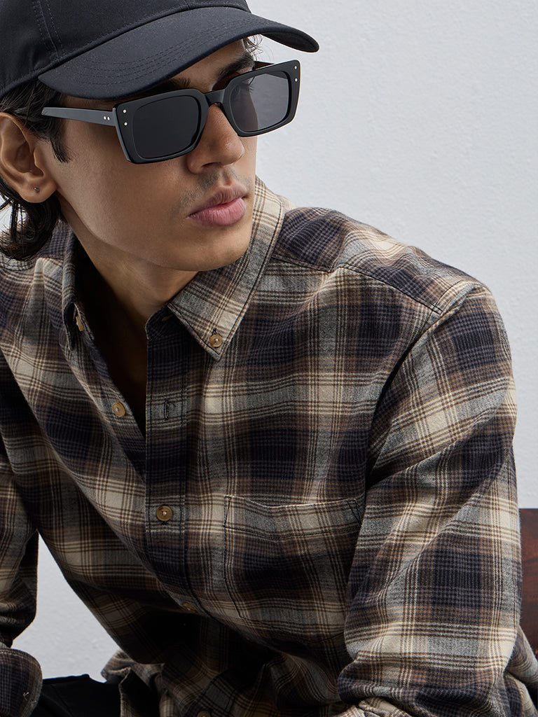 WES Casuals Brown Tartan Pattern Relaxed-Fit Cotton Shirt