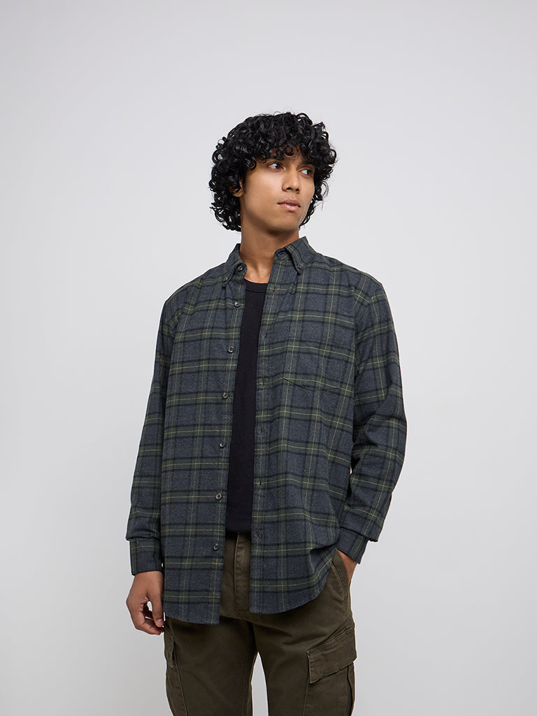 WES Casuals Dark Green Checkered Relaxed-Fit Cotton Blend Shirt