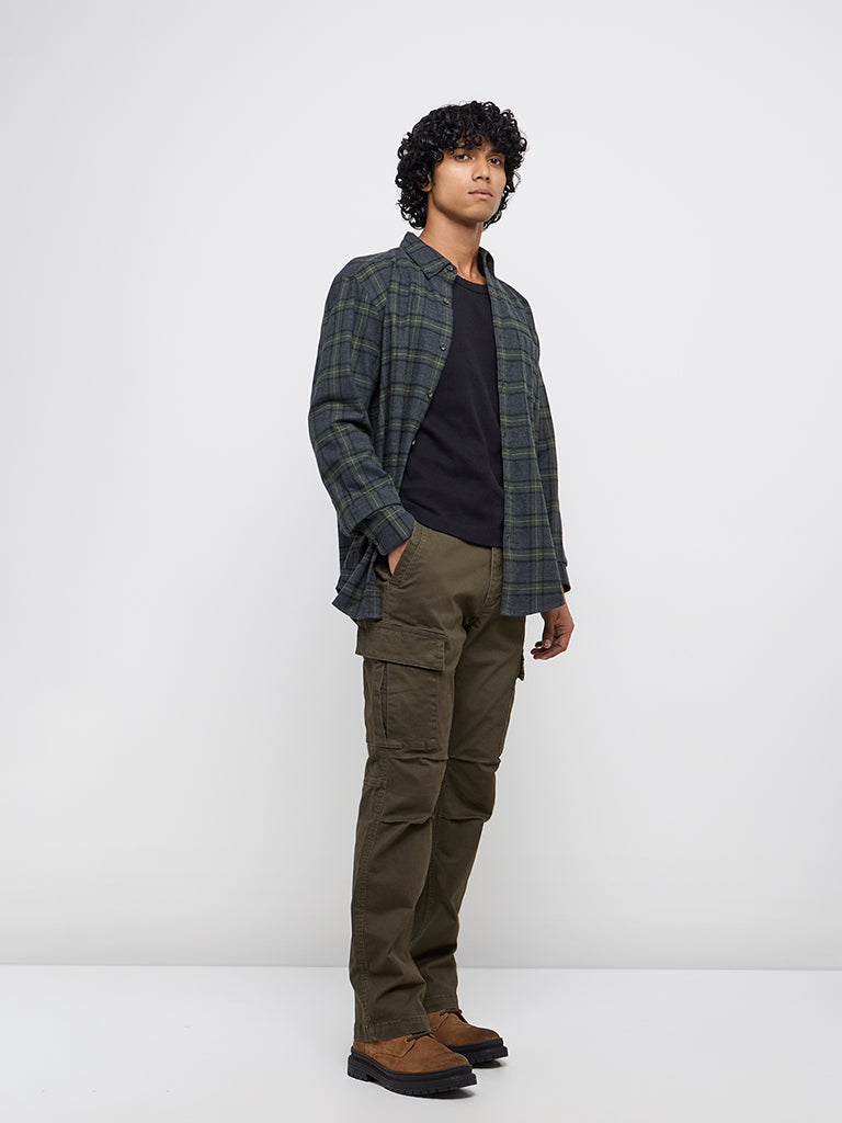 WES Casuals Dark Green Checkered Relaxed-Fit Cotton Blend Shirt