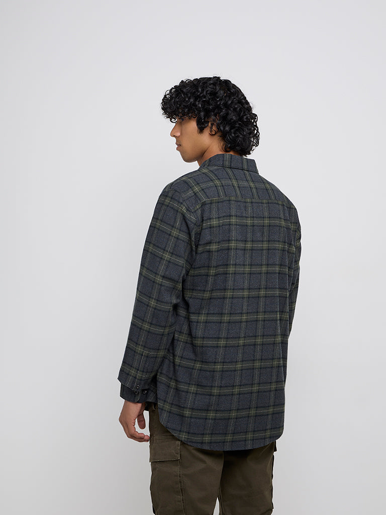 WES Casuals Dark Green Checkered Relaxed-Fit Cotton Blend Shirt