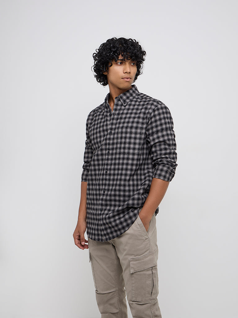 WES Casuals Black Checkered Relaxed-Fit Cotton-Blend Shirt