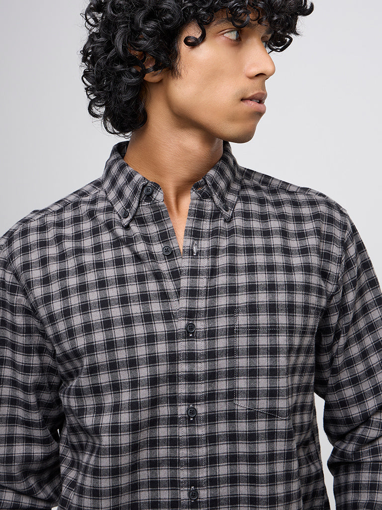 WES Casuals Black Checkered Relaxed-Fit Cotton-Blend Shirt