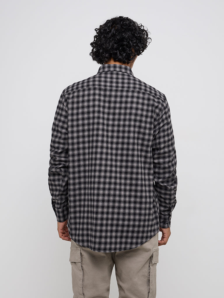 WES Casuals Black Checkered Relaxed-Fit Cotton-Blend Shirt