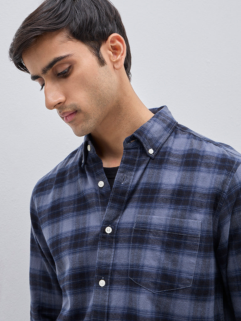 WES Casuals Dark Blue Checkered Relaxed-Fit Cotton Shirt