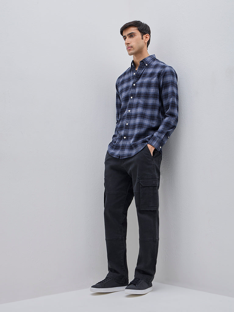 WES Casuals Dark Blue Checkered Relaxed-Fit Cotton Shirt