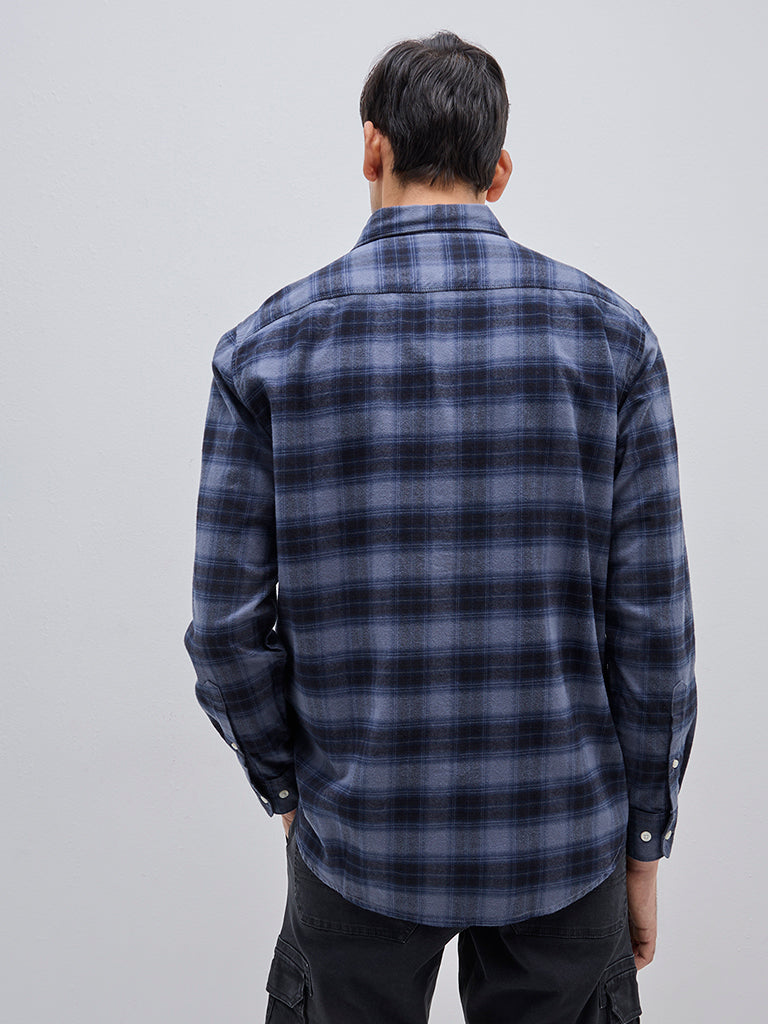 WES Casuals Dark Blue Checkered Relaxed-Fit Cotton Shirt