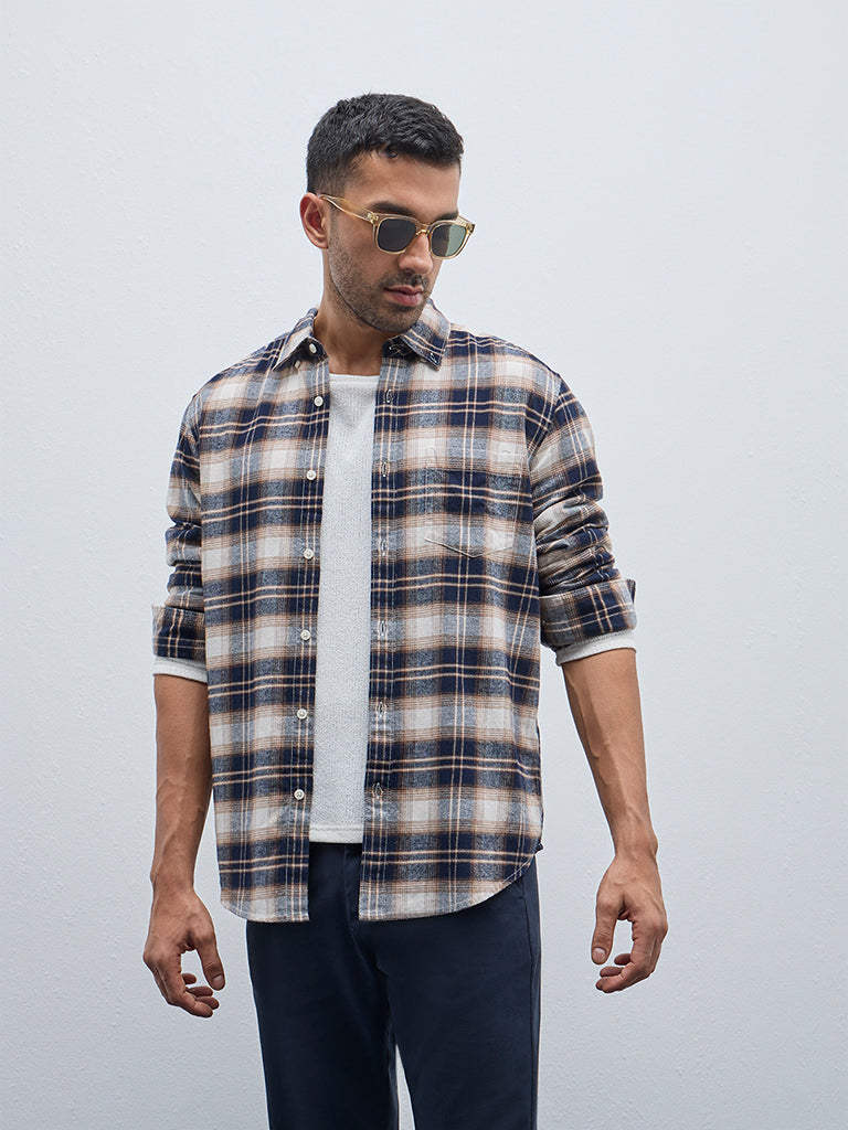 WES Casuals Navy Checks Design Relaxed-Fit Cotton Shirt