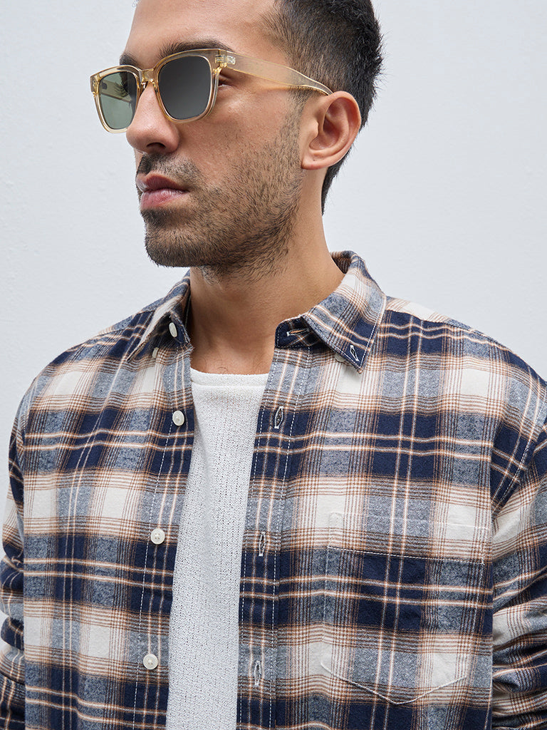 WES Casuals Navy Checks Design Relaxed-Fit Cotton Shirt