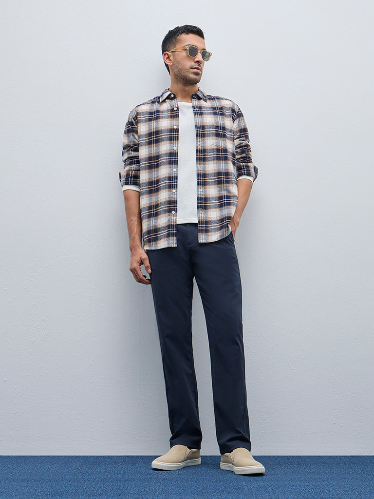 WES Casuals Navy Checks Design Relaxed-Fit Cotton Shirt