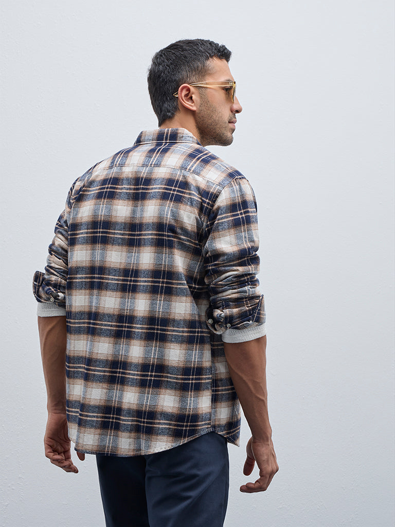 WES Casuals Navy Checks Design Relaxed-Fit Cotton Shirt