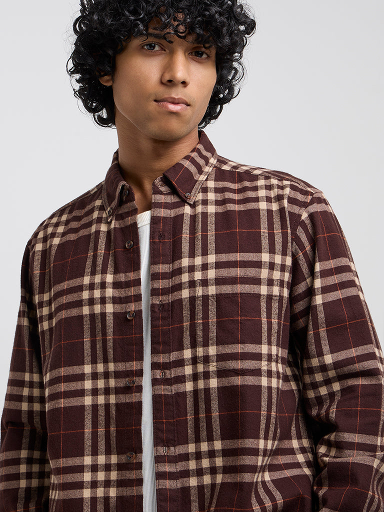 WES Casuals Brown Checkered Relaxed-Fit Cotton Shirt