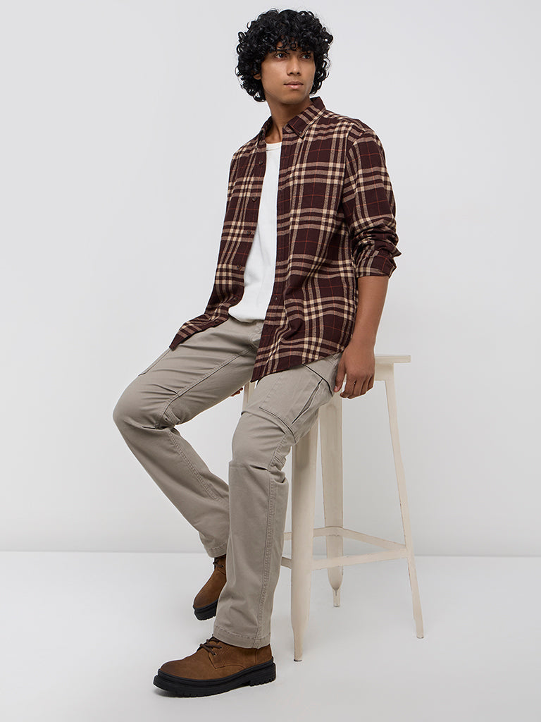 WES Casuals Brown Checkered Relaxed-Fit Cotton Shirt