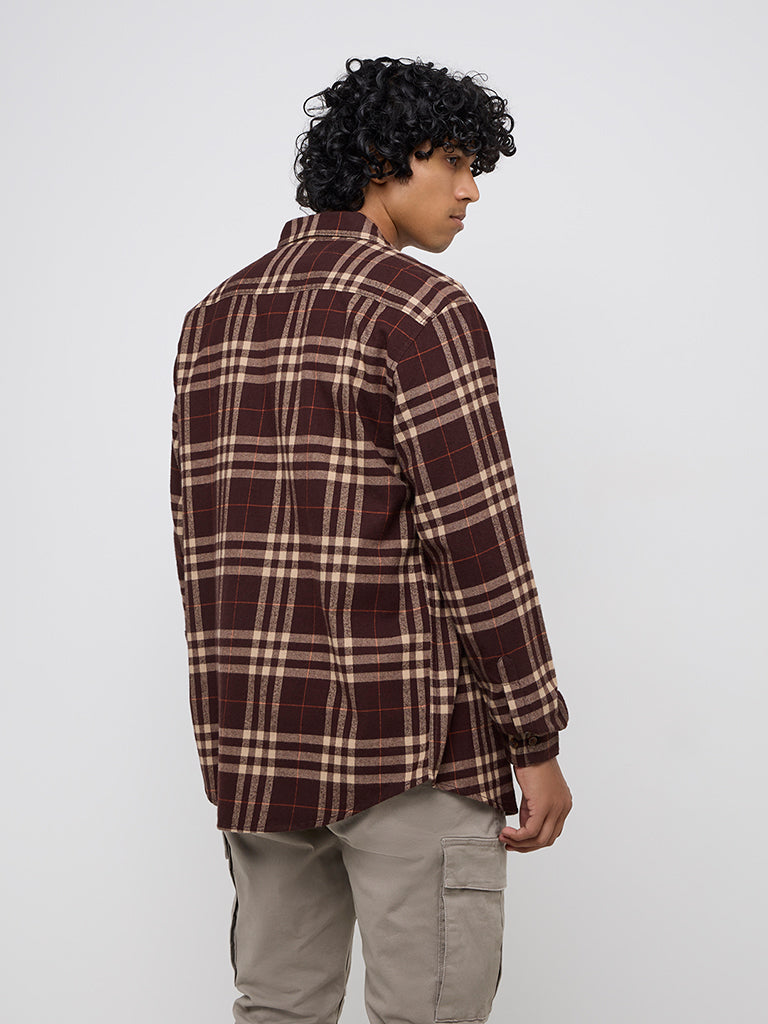 WES Casuals Brown Checkered Relaxed-Fit Cotton Shirt