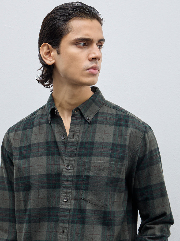 WES Casuals Dark Green Plaid Print Relaxed-Fit Cotton Shirt