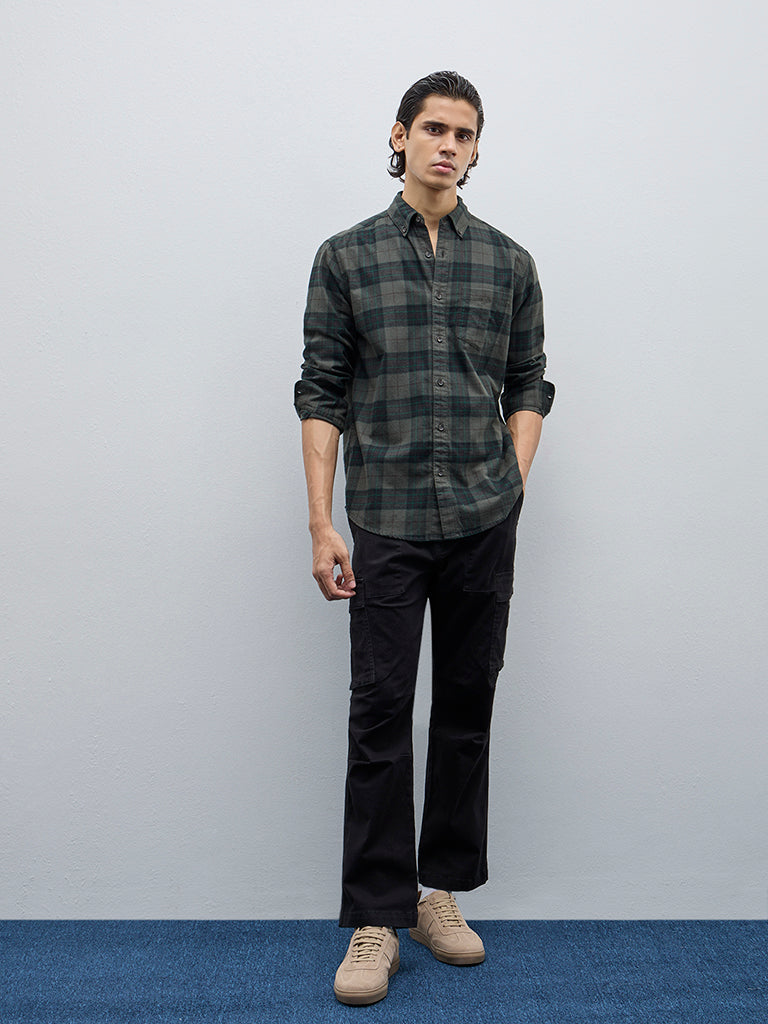 WES Casuals Dark Green Plaid Print Relaxed-Fit Cotton Shirt