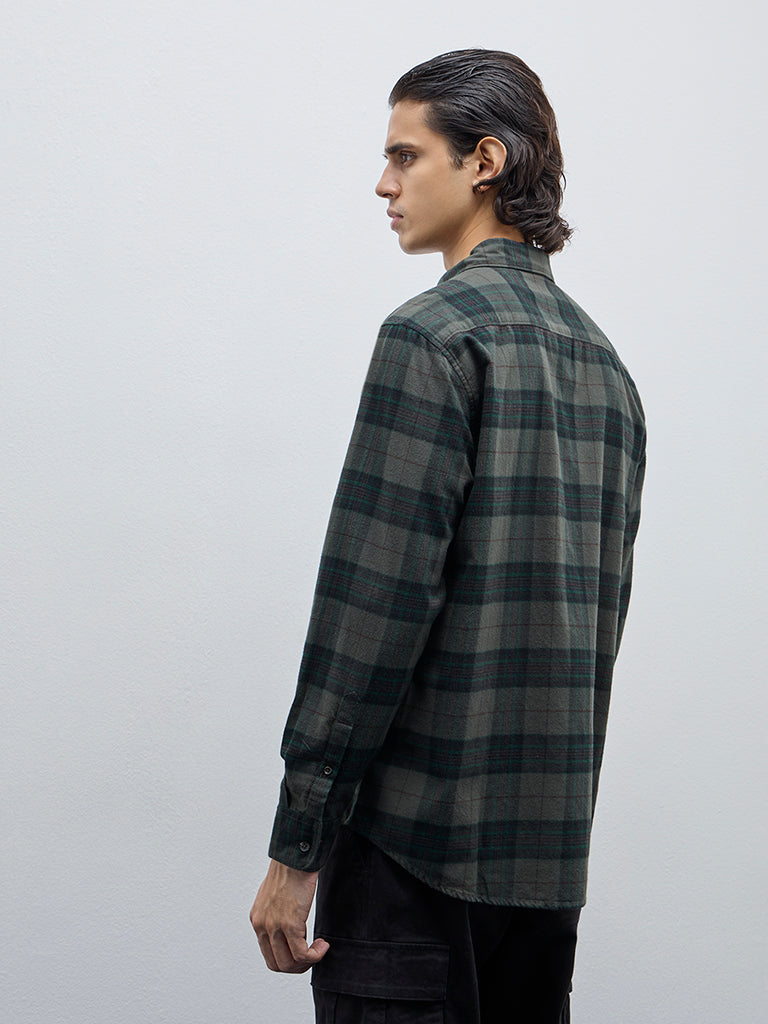 WES Casuals Dark Green Plaid Print Relaxed-Fit Cotton Shirt