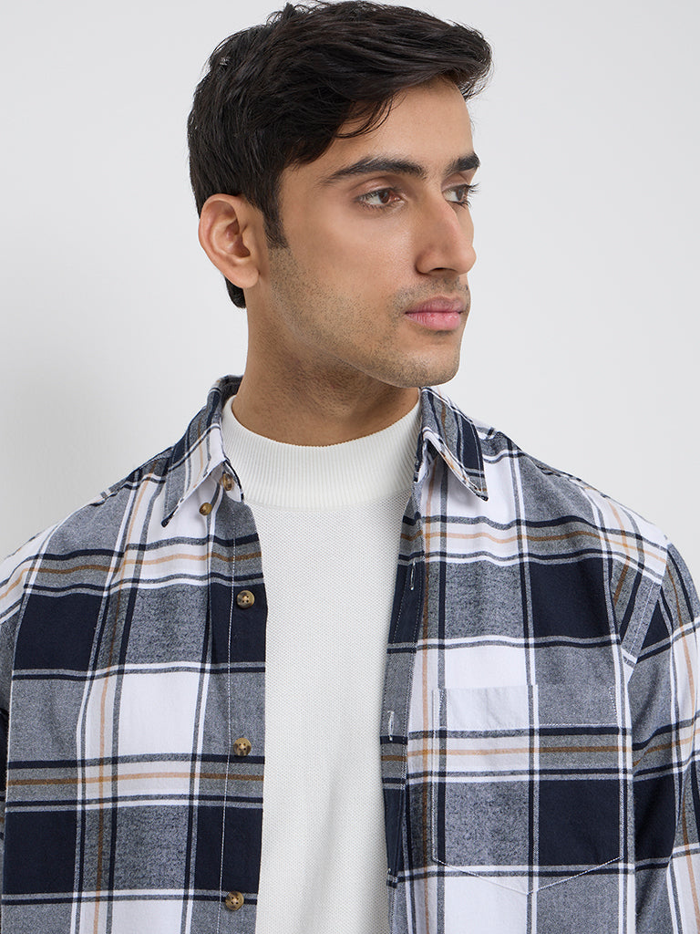 WES Casuals Navy Checks Printed Relaxed-Fit Cotton Shirt